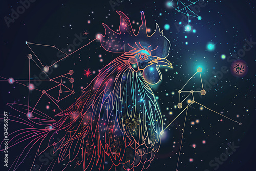 Colorful rooster standing in front of zodiac wheel representing astrology Chinese zodiac and symbolic animal art, concept: rooster, zodiac, astrology, , art