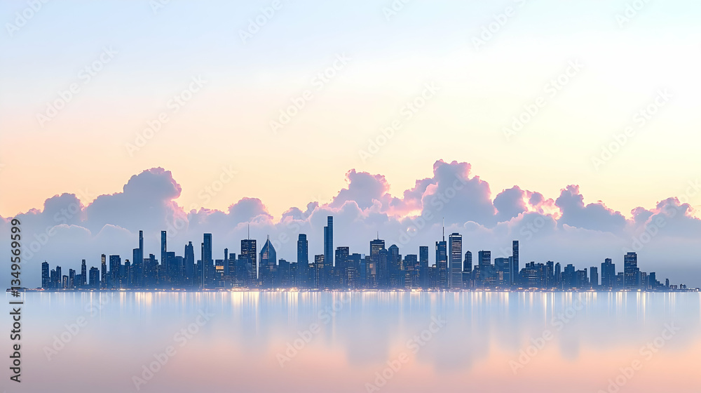 Fototapeta premium Silhouetted City Skyline Reflected In Calm Water Under Pastel Sky During Sunset Illuminating Buildings