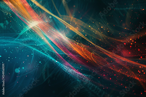 Abstract multimedia background, wave structures of colored dots on a dark background.