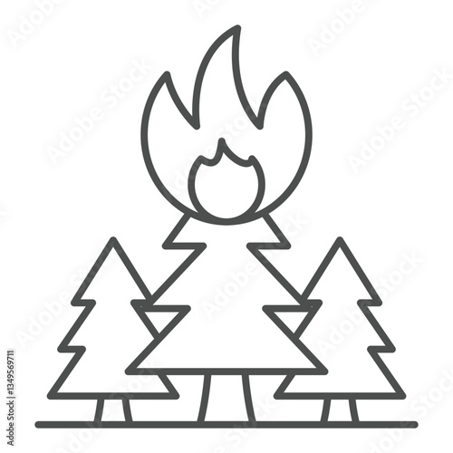 Forest trees in flames thin line icon, ecology insurance concept. Vector graphics. Fireplace at forest, high risk danger sign on white background, outline style icon for mobile or web design.
