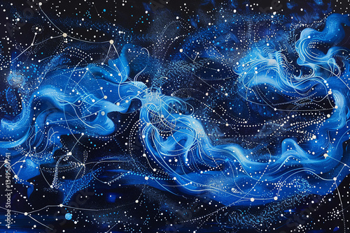 Abstract blue and white nebula with stars and constellations representing astronomy space art and cosmic background, concept: nebula, stars, constellation, astronomy,