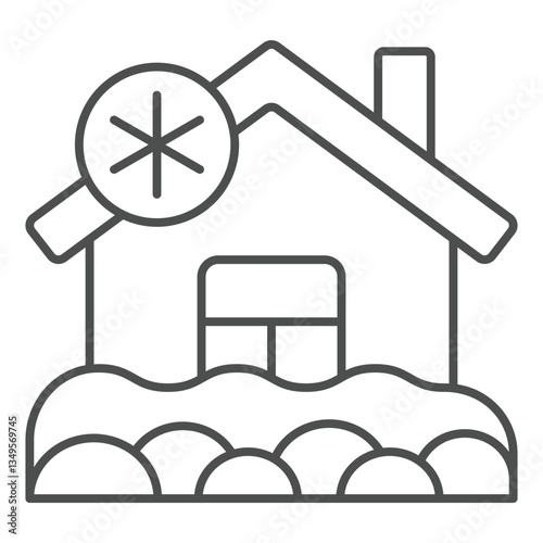 House covered with snow thin line icon, insurance event concept. Vector graphics. Building and snowflake, cold temperature sign on white background, outline style icon for mobile or web design.
