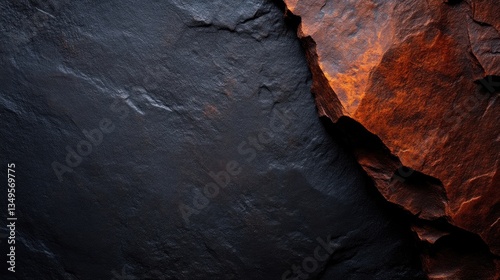 Dark and orange rock texture.  Close-up view of a dark stone and reddish-brown stone layered.  Natural, rough surface