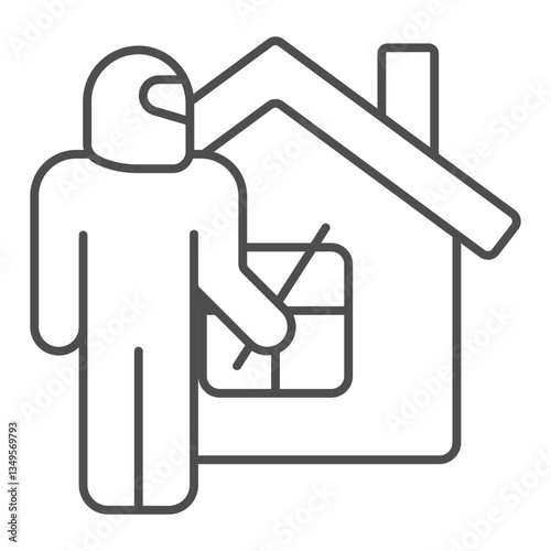 Thief man with mask at house thin line icon, insurance event concept. Vector graphics. Cottage building theft crime risk sign on white background, outline style icon for mobile or web design.