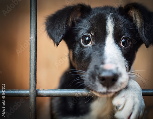 Un perro abandonado con mirada triste asomando la cabeza por las rejas de una jaula en un refugio de acogida de animales