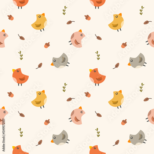Bird colorful cartoon so cute. On acorn leaf background. Pattern seamless vector illustration. 