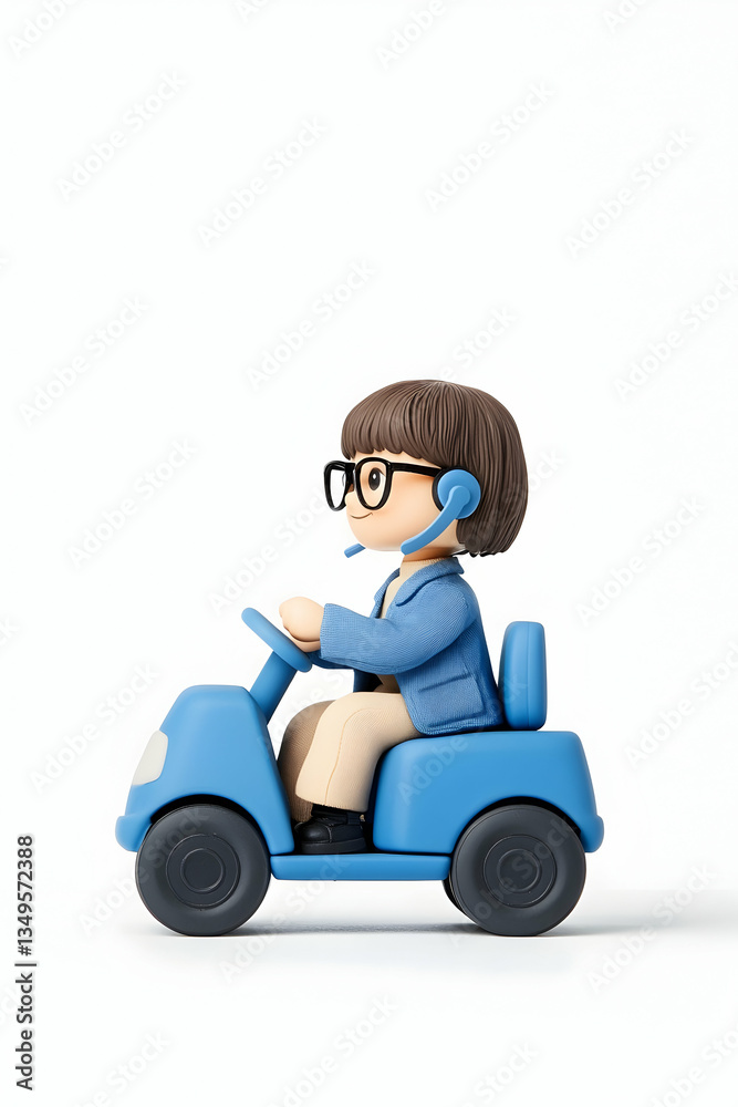 A 3D rendered illustration of a person wearing glasses and headset driving a small blue car A 3D rendered illustration of a person wearing glasses and headset driving a small blue car