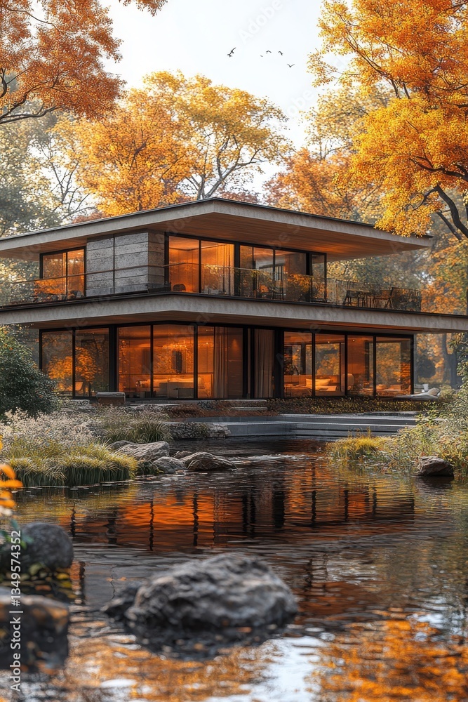Fototapeta premium Modern house by water surrounded by colorful fall trees. Serene autumn scene