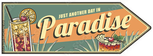 Mai tai cocktail glass on retro, vintage poster or retro sign with palm trees in background for design of surfing, tiki or beach bar menu. Alcohol cocktail for drink party, summer vibes