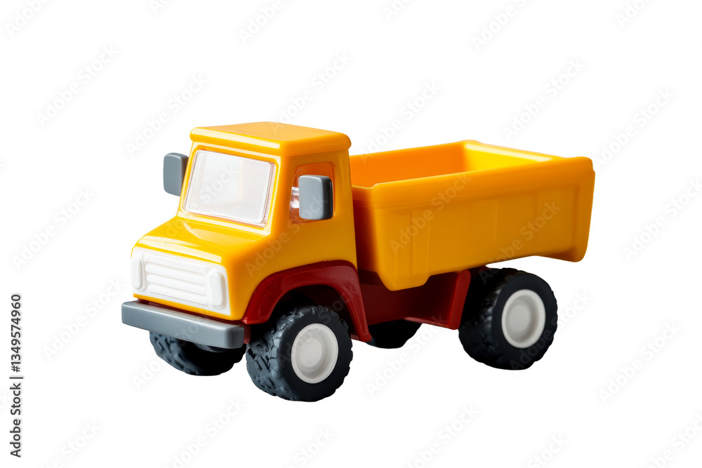 Fototapeta premium Toy construction truck, yellow, plastic, isolated, cut out transparent