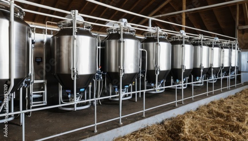 Stainless steel storage tanks in a dairy processing facility capture modern dairy farm