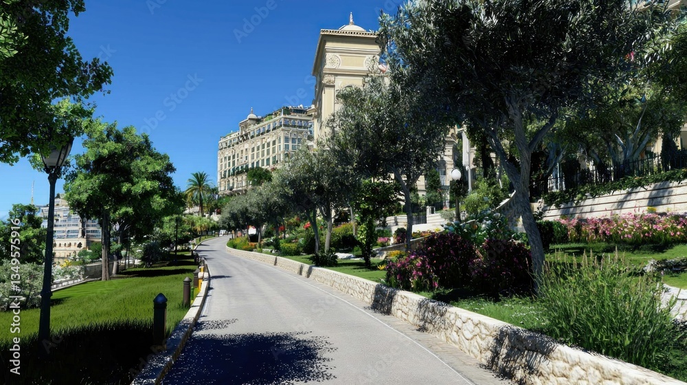 Sunny, luxury resort road, scenic view, Mediterranean architecture Sunny, luxury resort road, scenic view, Mediterranean architecture