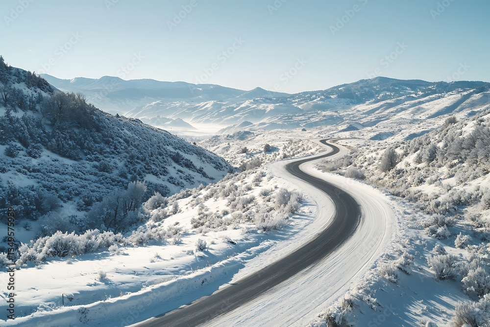 A crisp winter road with sharp turns through a mountainous landscape, untouched by human presence. A crisp winter road with sharp turns through a mountainous landscape, untouched by human presence.