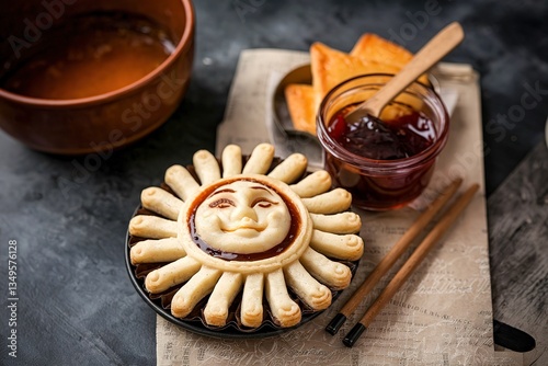 Sun shaped sweet chinese pastry with jam filling
