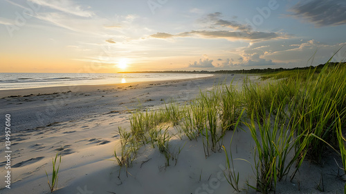 Golden Sunset Over Sandy Beach with Green Grass and Calm Water in a Tranquil Coastal Landscape