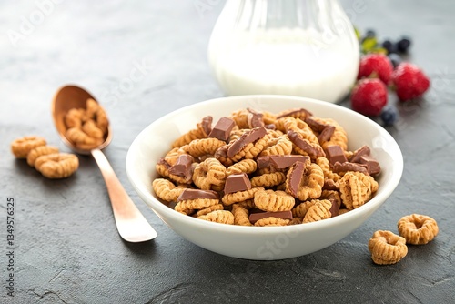 Wholegrain cold cereal with chocolate filling in a white bowl