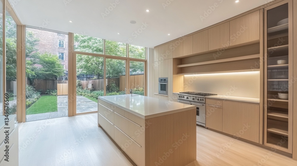 Fototapeta premium A bright and airy minimalist kitchen with a simple island, clean countertops, and open shelving that displays a few elegant kitchen essentials in a neat arrangement.