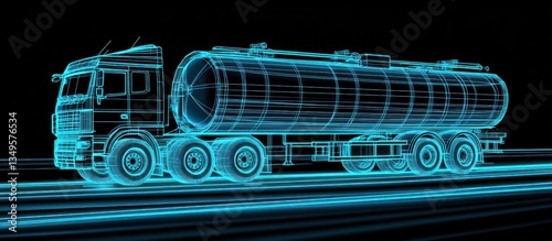 A stylized blueprint illustration of a large tanker truck