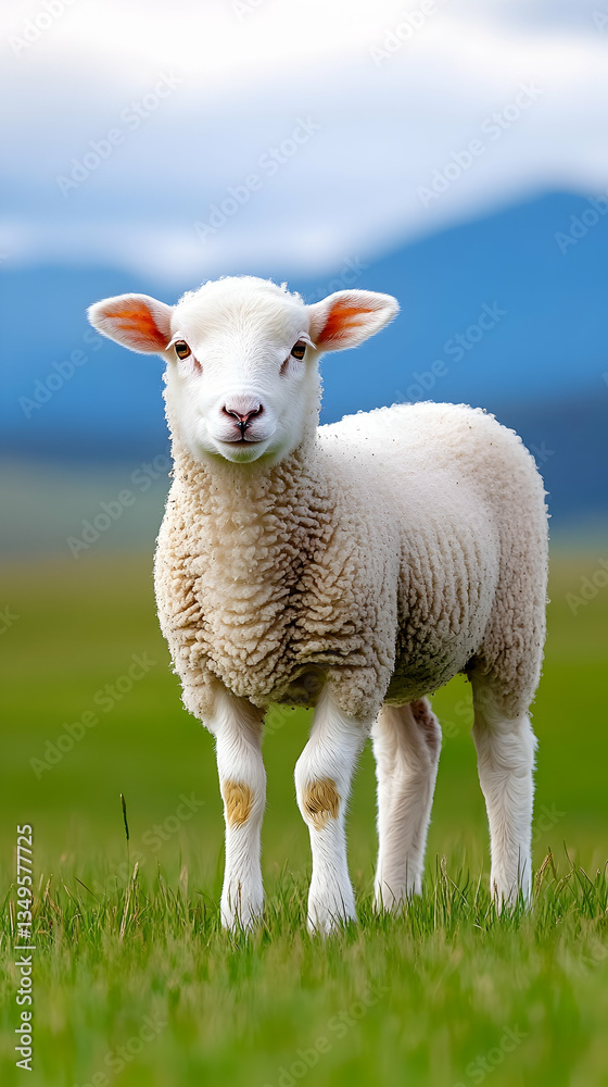 Adorable lamb standing in a lush green pasture with mountains in the background Adorable lamb standing in a lush green pasture with mountains in the background