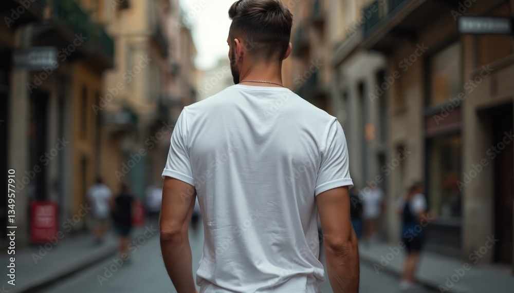 Back view of man in white cotton t-shirt walking down city street. Casual urban lifestyle fashion. Trendy clothing, street style. Male model in classic white tee. Mockup for clothing brands. Back view of man in white cotton t-shirt walking down city street. Casual urban lifestyle fashion. Trendy clothing, street style. Male model in classic white tee. Mockup for clothing brands.