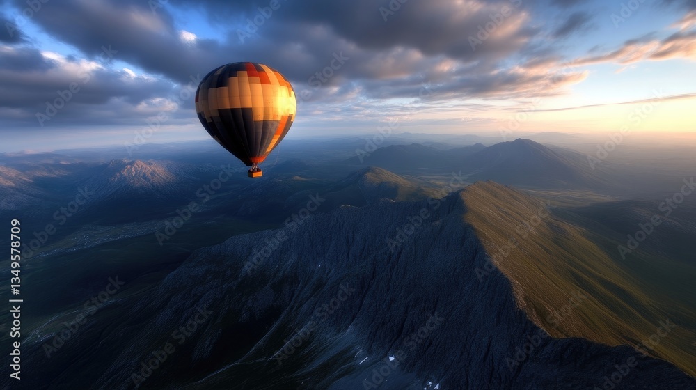 Fototapeta premium Hot air balloon above majestic mountains at sunrise