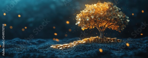 A shimmering golden tree made of coins grows from a bed of dark soil, symbolizing wealth and prosperity in a mystical environment.