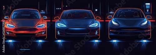 Three cars with lighting and shadow effects in front - view, suitable for automotive advertising, car design showcases, and digital artworks related to vehicles.