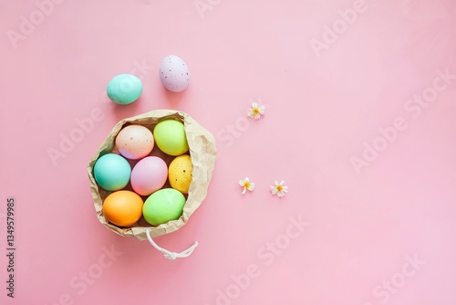Easter colorful eggs in a paper bag on a pink background
