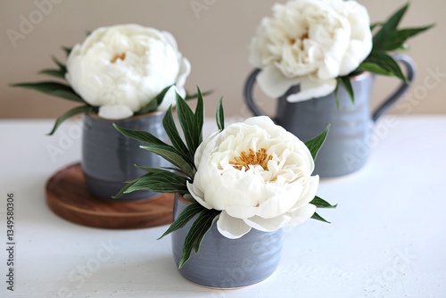White peonies in gray handmade ceramic cups