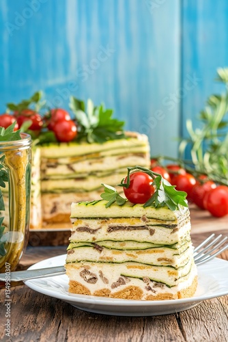 Zucchini savory layered cake with cherry tomatoes and parsley