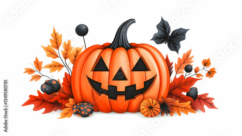 Carved Halloween pumpkin with autumn leaves and berries photo