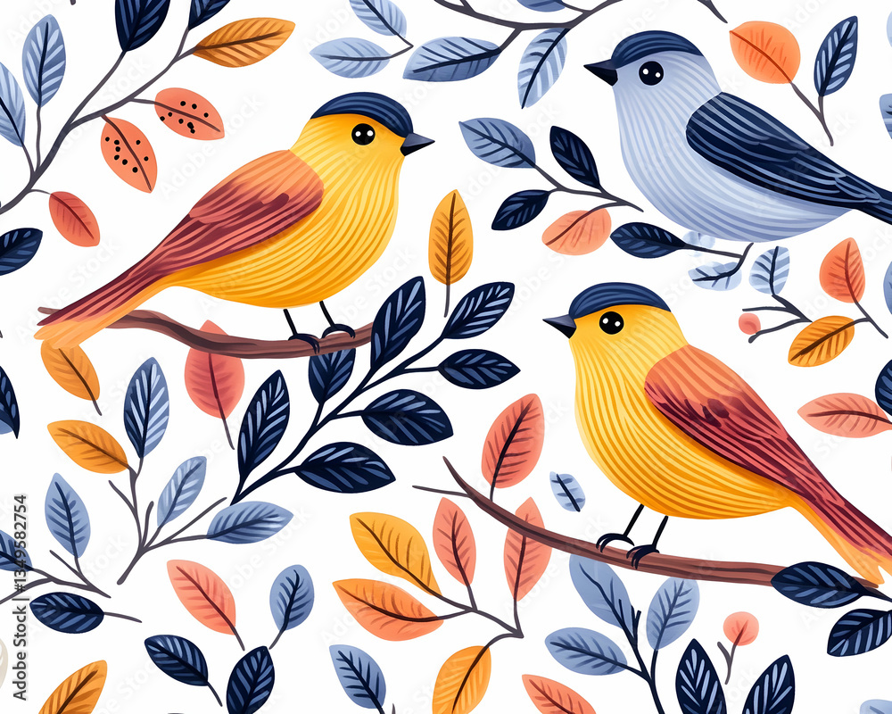 Colorful birds perched on autumn branches, seamless pattern Colorful birds perched on autumn branches, seamless pattern