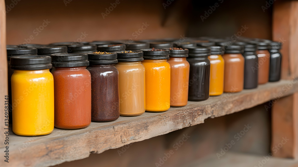 Colorful powders in glass jars on wooden shelf Colorful powders in glass jars on wooden shelf