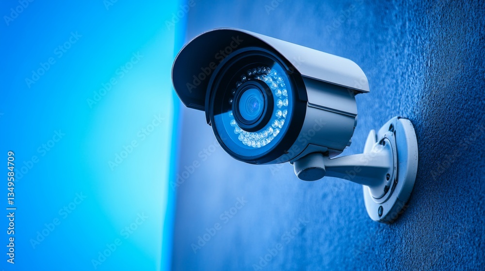 A close-up of a sleek, modern CCTV camera mounted on a wall, with a clear blue sky in the background, emphasizing its surveillance capabilities in urban settings. A close-up of a sleek, modern CCTV camera mounted on a wall, with a clear blue sky in the background, emphasizing its surveillance capabilities in urban settings.