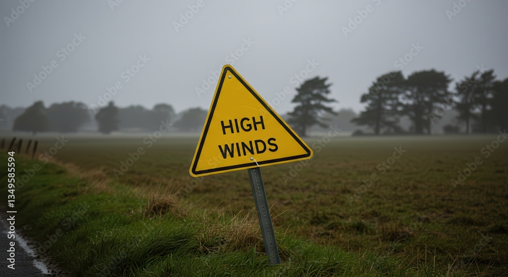 Yellow Warning Sign Reads High Winds in Rural Misty Field Yellow Warning Sign Reads High Winds in Rural Misty Field