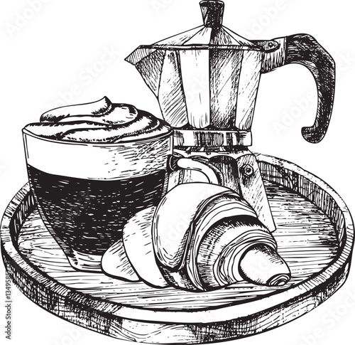 Vector hand drawn composition cappuchino coffee with foam and caramel topping in a glass mug, a crispy croissant and geyser coffeemaker on a tray. Can be used on fabrics and paper products and other. 
