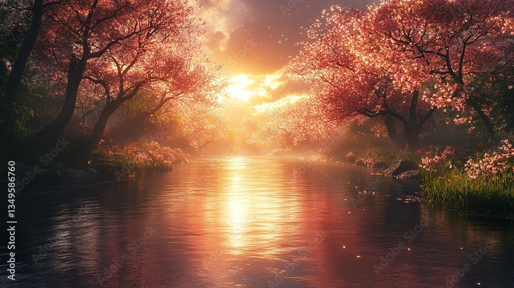 Obraz premium Serene stream reflects sunset with blooming cherry trees along the riverbanks