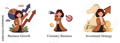 Collection of Business illustration Business Growth, Visionary Planning, and Investment Strategy Professional Business Concept Illustration Set for Financial Success and Corporate Development