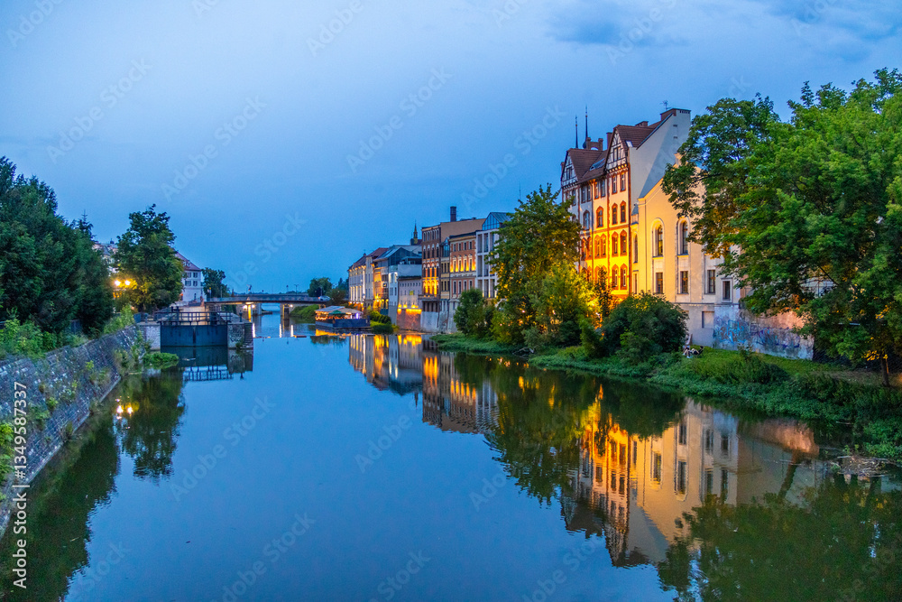 Townhouses during Blue Hour by Odra River in Opole Venice, Opole, Poland