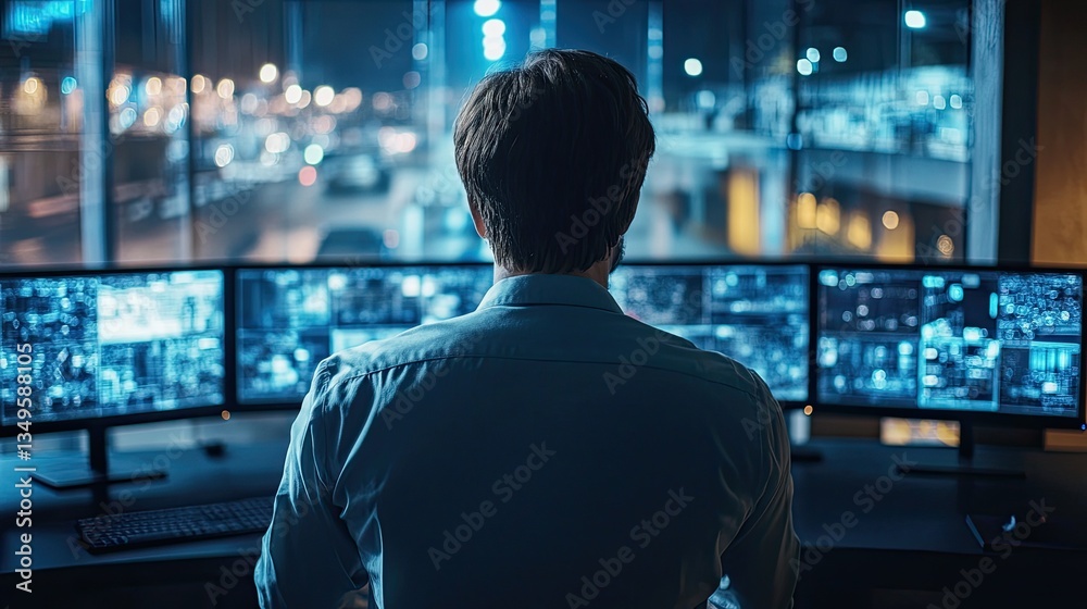 Police officer standing in front of multiple computer monitors in a control room, monitoring security footage. Police officer standing in front of multiple computer monitors in a control room, monitoring security footage.
