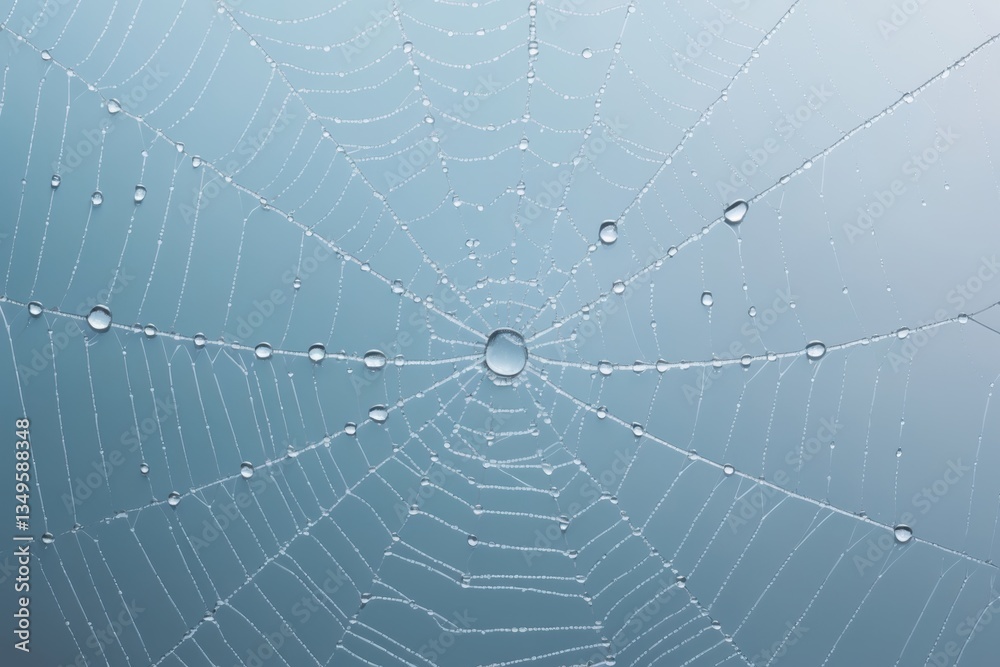 Naklejka premium Intricate spider web adorned with dew drops against a soft, blurred blue background, creating a serene and delicate atmosphere