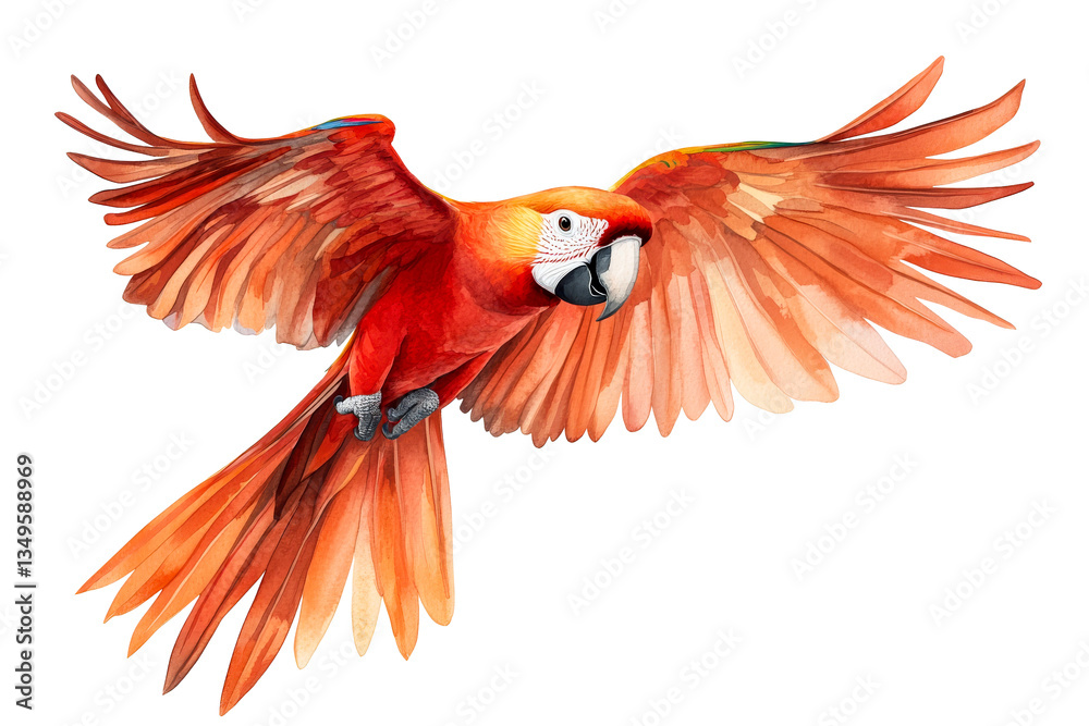 Obraz premium Scarlet Macaw parrot in flight, colorful plumage, watercolor style, cut out transparent