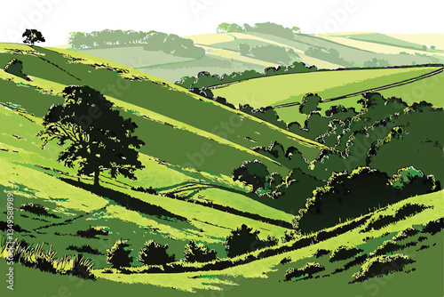 1 Rolling green hills, lush grassland, undulating landscape, vibrant verdant meadow, sunlit pastoral scene, serene countryside, gentle slopes, natural terrain, isolated on white background, photoreali