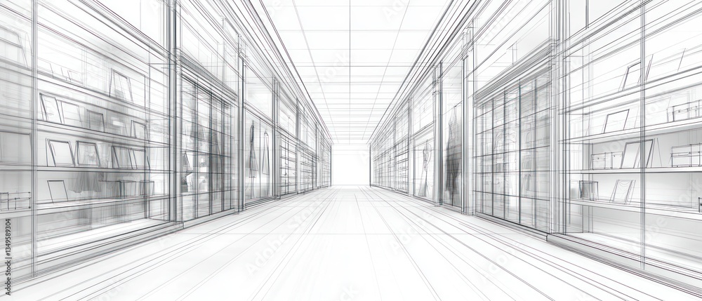 Fototapeta premium Architectural drawing showing perspective of a long corridor space design