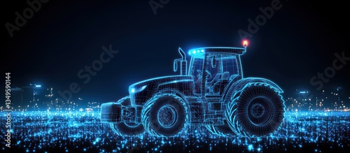 Futuristic blue illuminated tractor representing modern agricultural technology concept