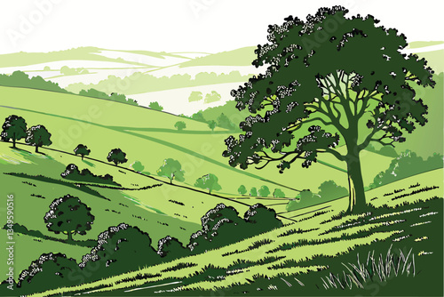 1 Rolling green hills, lush grassland, undulating landscape, vibrant verdant meadow, sunlit pastoral scene, serene countryside, gentle slopes, natural terrain, isolated on white background, photoreali