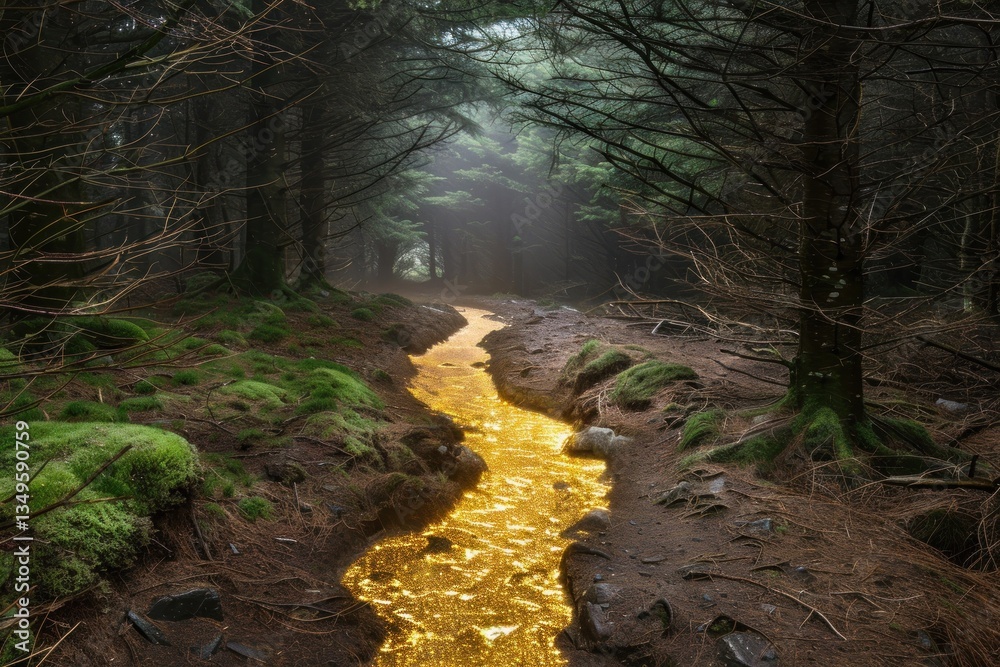 Obraz premium Golden River Flowing Through Misty Forest