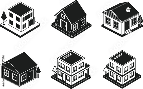 Set of Isometric House Vectors - Modern Black Architectural Illustrations