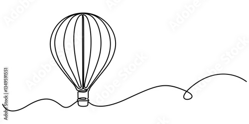 Hot air balloons flying in sky sign. Continuous one line drawing, Continuous Line Drawing of Hot Air Balloon Icon. Hand Drawn Symbol Vector Illustration, Travel flying on aerostat in sky logo divider.
