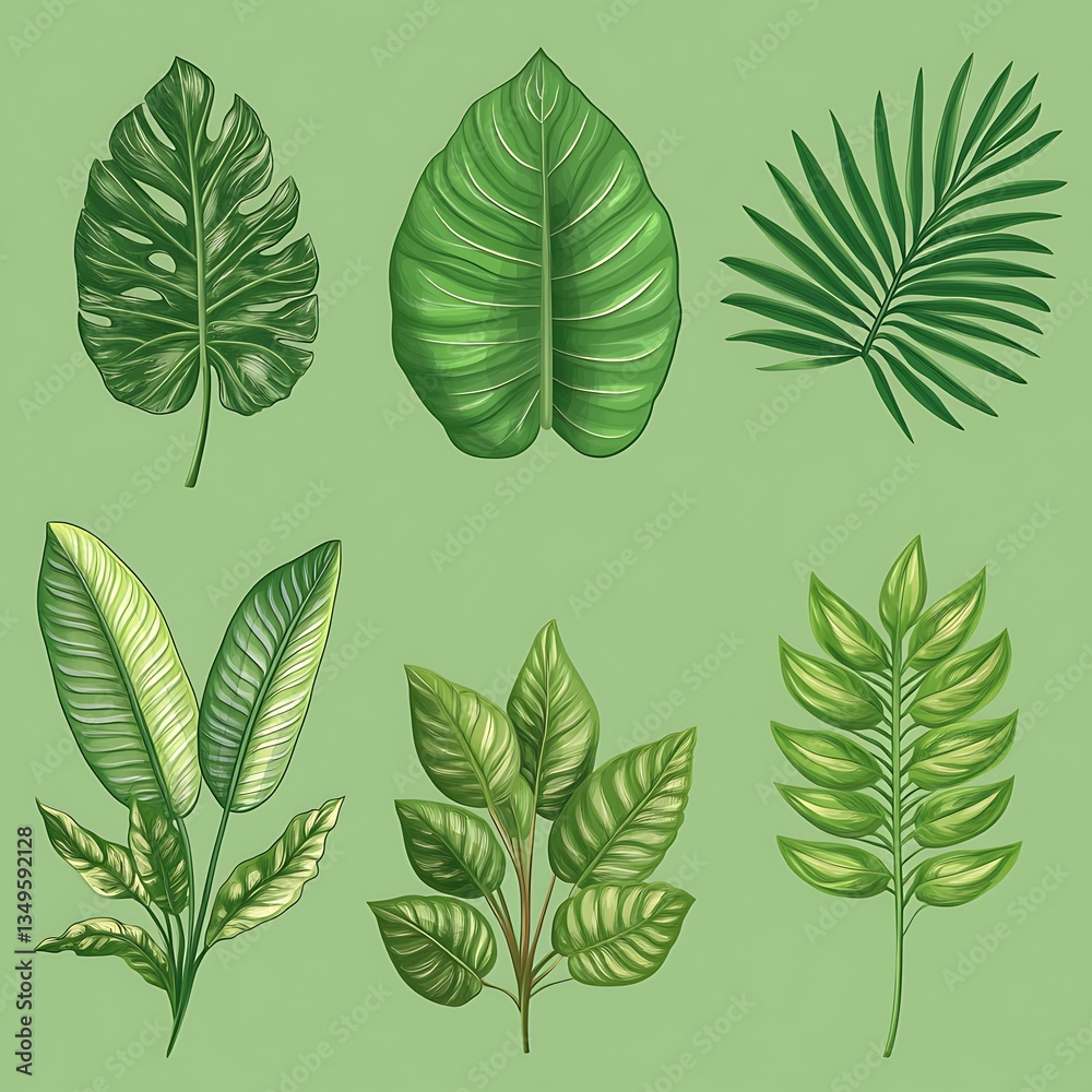 Fototapeta premium Illustration of Various Green Leaves Representing Ecology and Nature